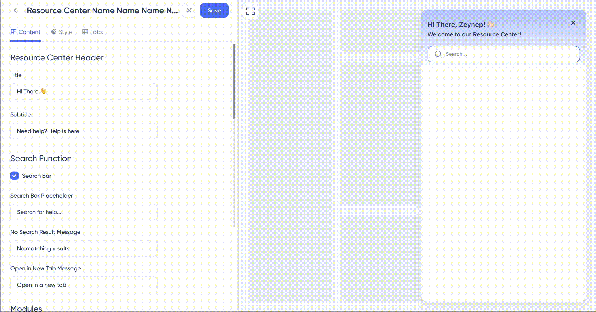 UserGuiding Resource Center editor view